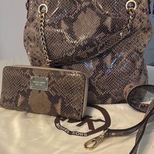 Michael Kors Snake Print Shoulder Bag and Wallet - Brown